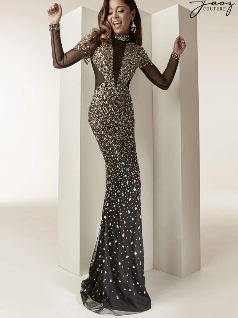 JASZ Couture 6234 Black & Gold Crystal Embellished Gown Size 0 NWT